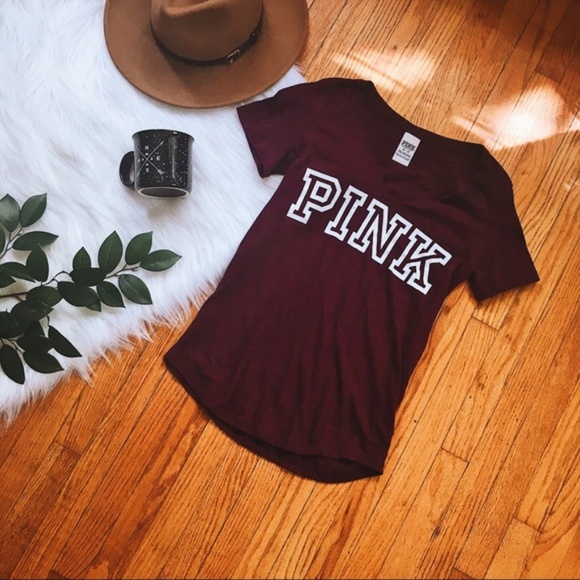 PINK Victoria's Secret Tops - Victoria's Secret PINK Burgundy Logo T Shirt